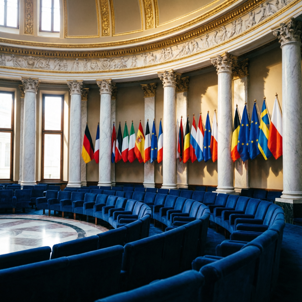 Grand European assembly hall with rows of national flags