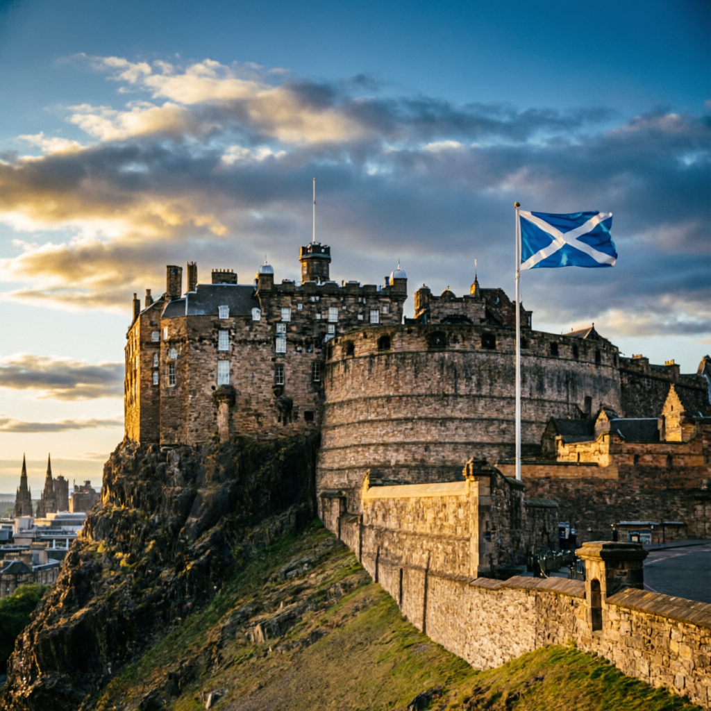 Edinburgh Castle with the Scottish Saltire flying at golden hour