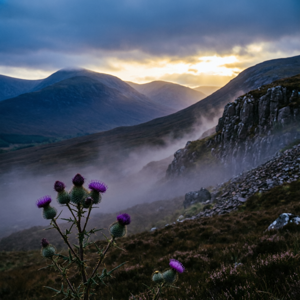 Scottish Highlands at dusk with thistles in the foreground