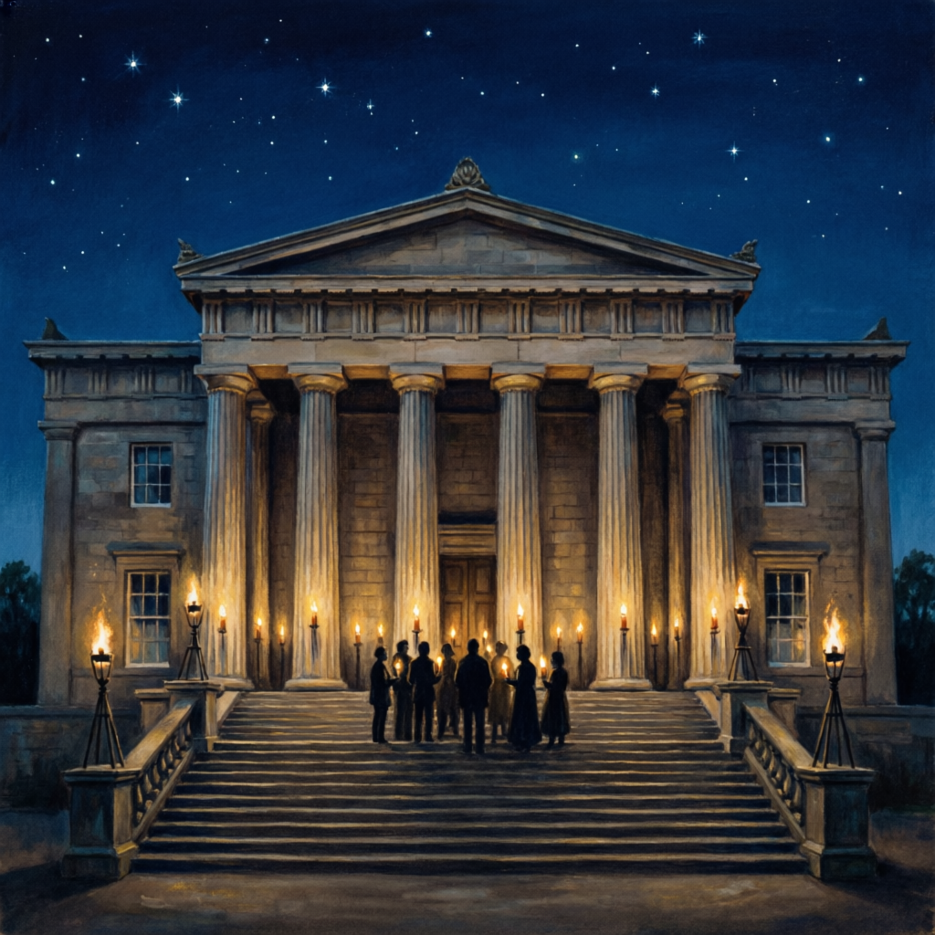 Candlelit figures on the steps of the Old Royal High School, Calton Hill, at night