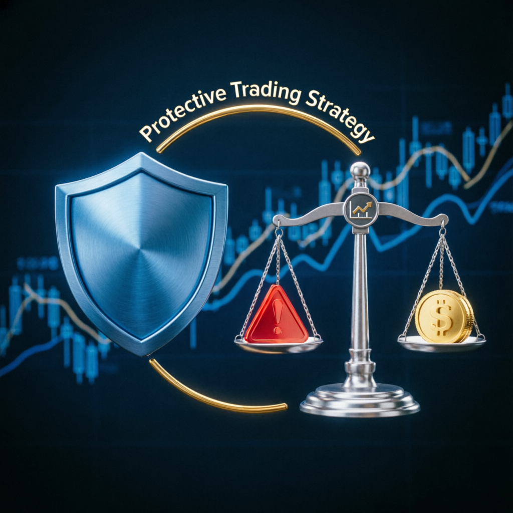 Risk management shield protecting trading capital with balance scale showing risk reward ratio