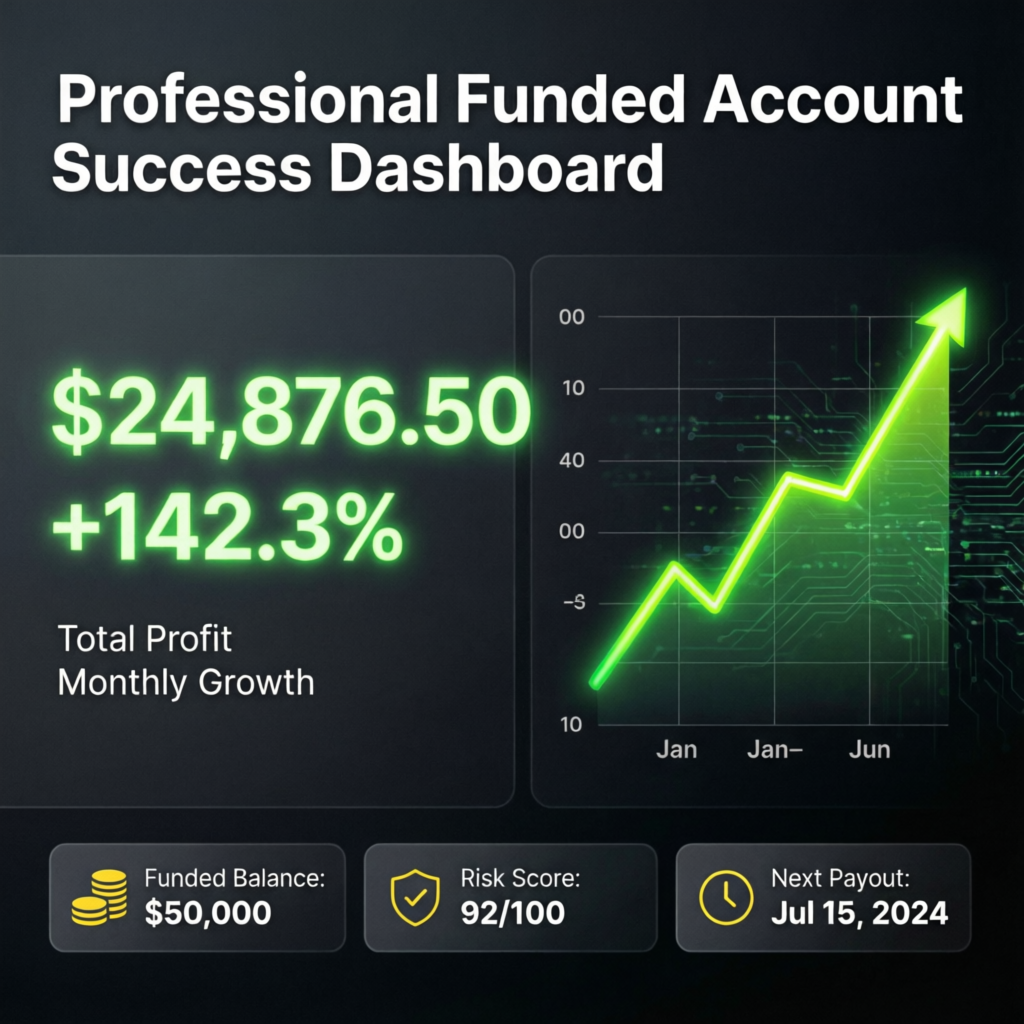 Funded account success dashboard showing $24,876 profit with 142% growth