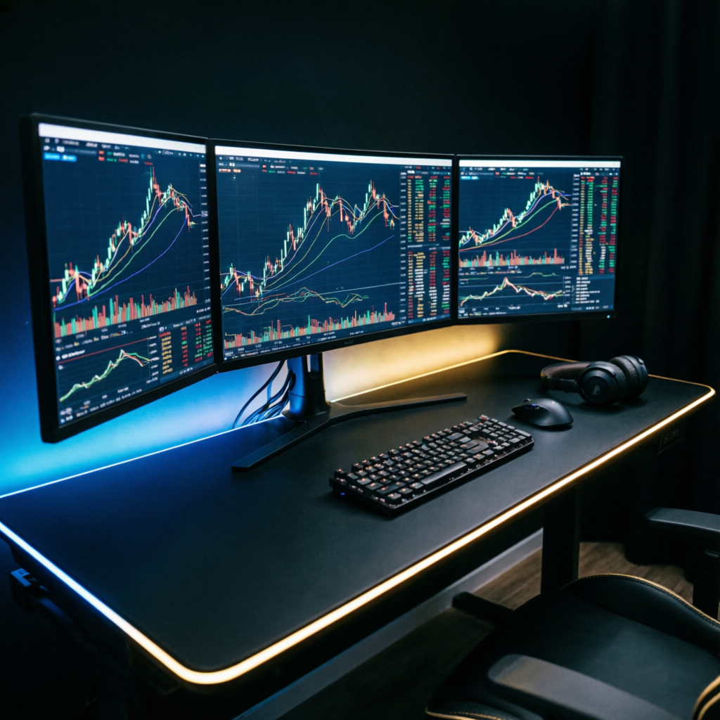 Premium professional trading setup with multiple curved monitors showing financial charts