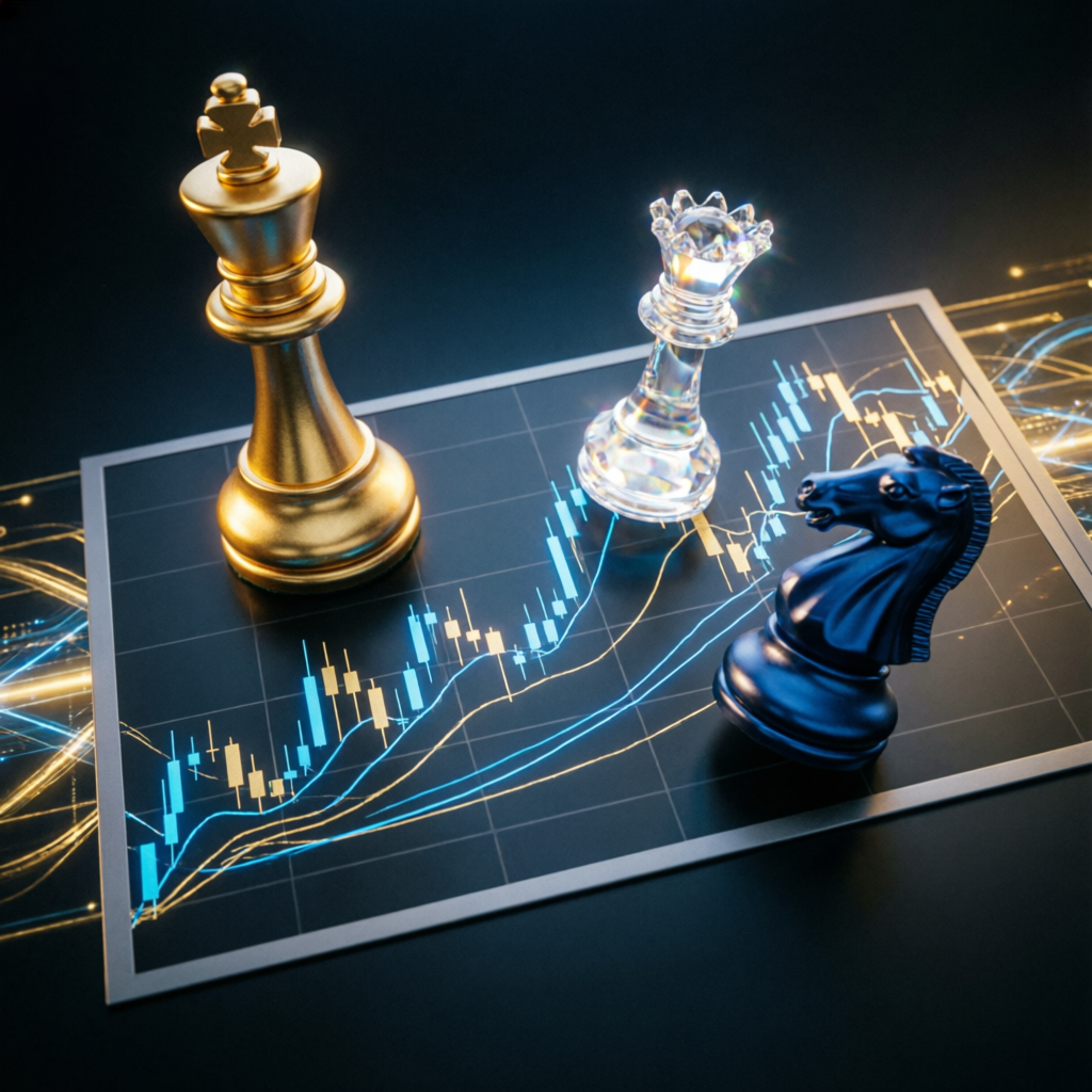 Strategic trading approach with chess pieces representing analytical planning on financial charts