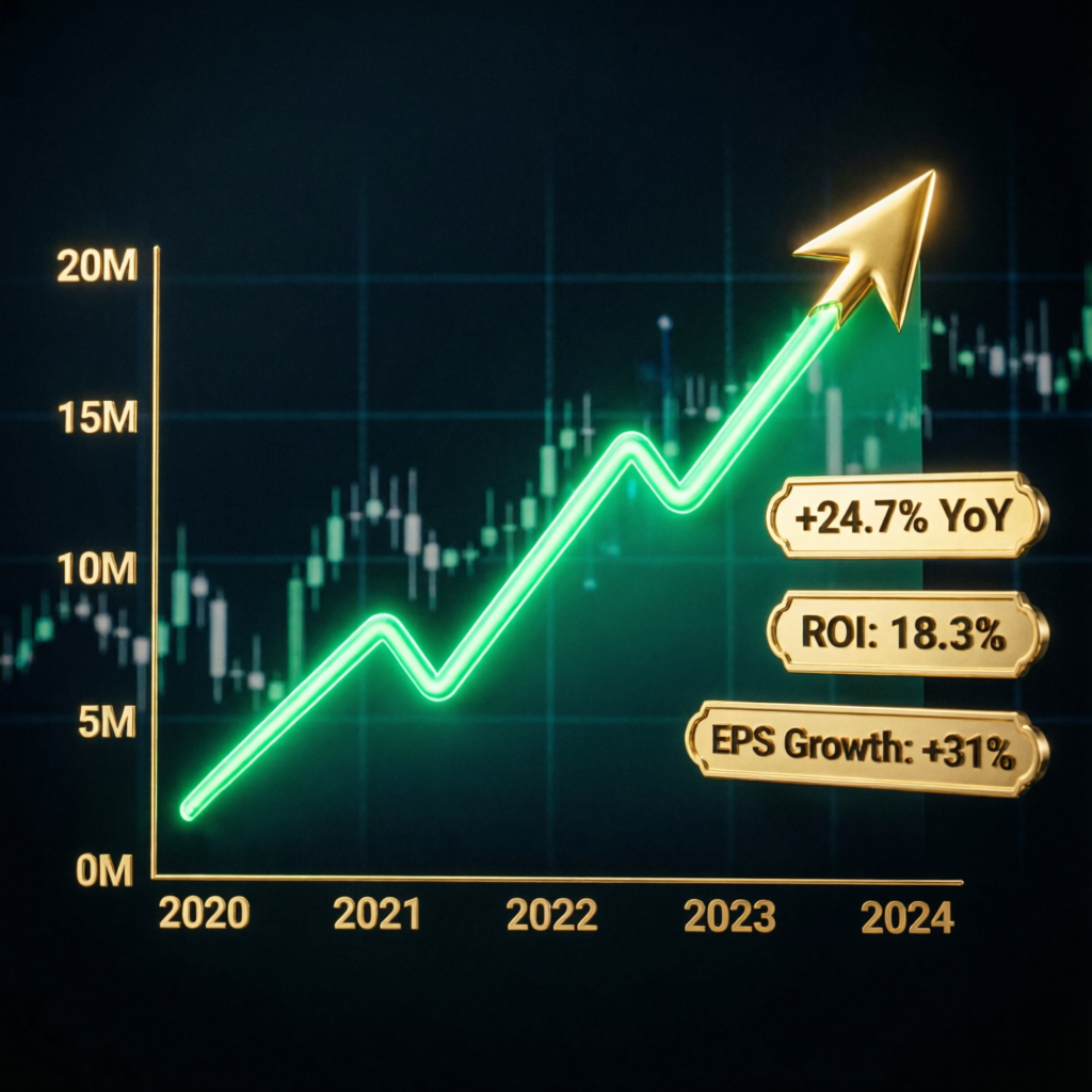 Financial growth chart showing upward trend with ROI metrics and EPS growth