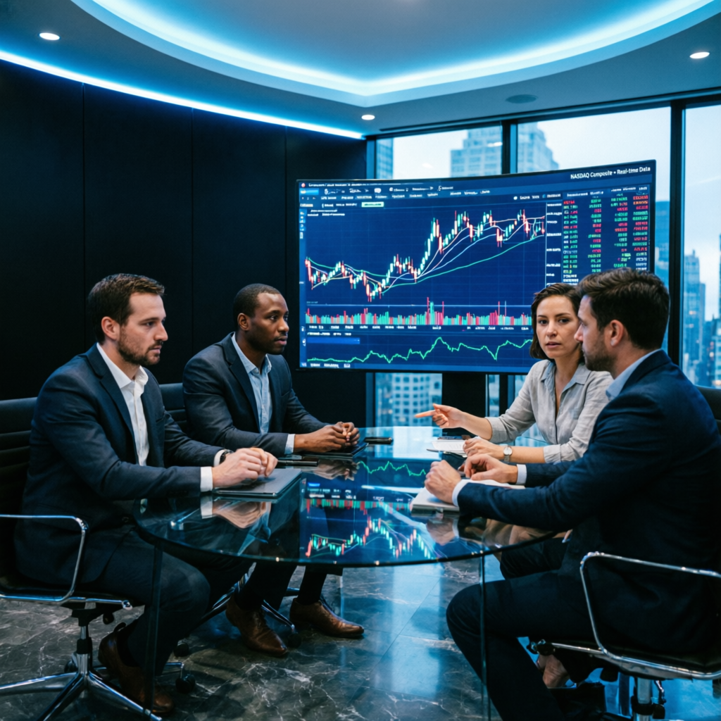 Professional trading team collaborating on strategy in modern trading room