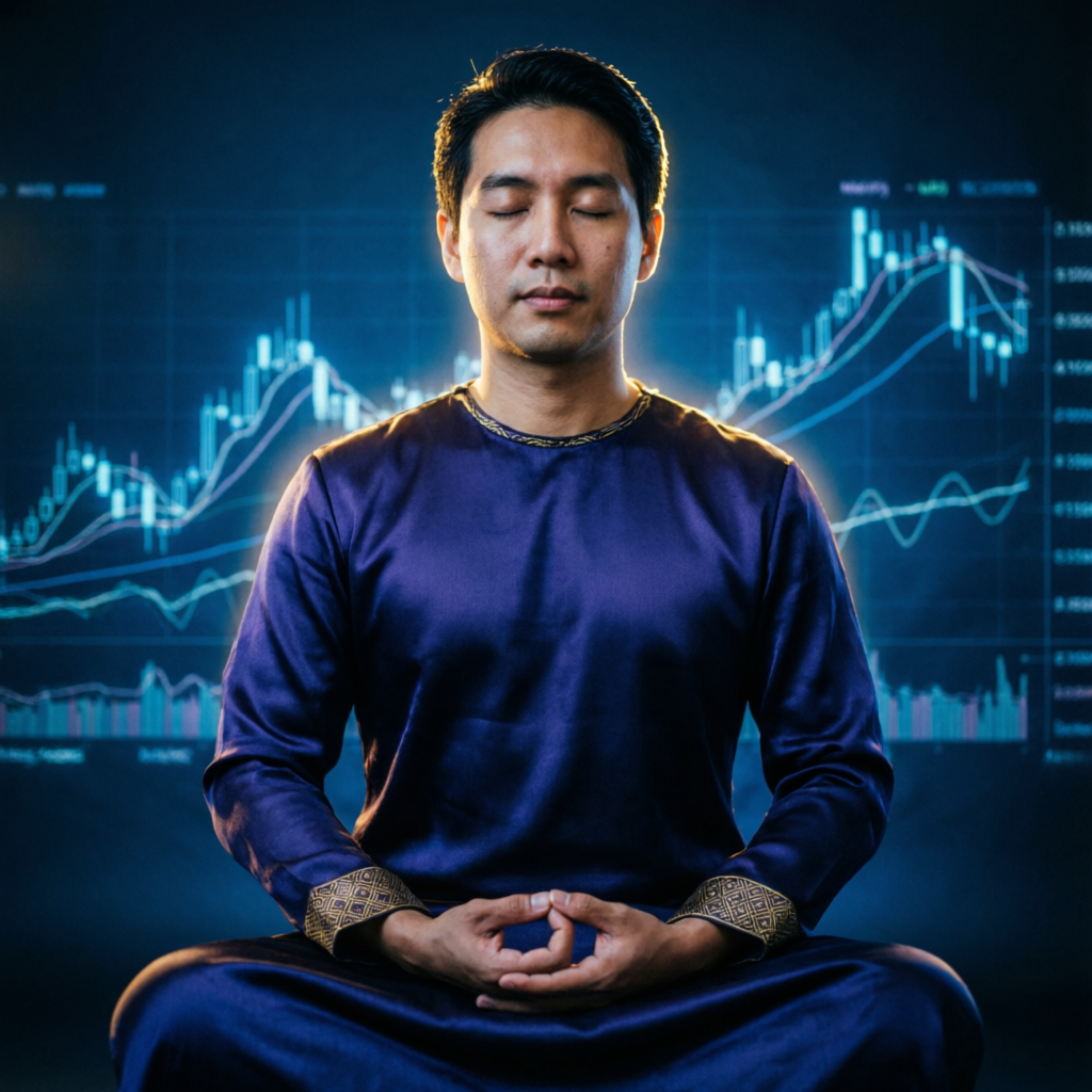 Trading psychology and emotional control concept with meditating trader and financial charts background