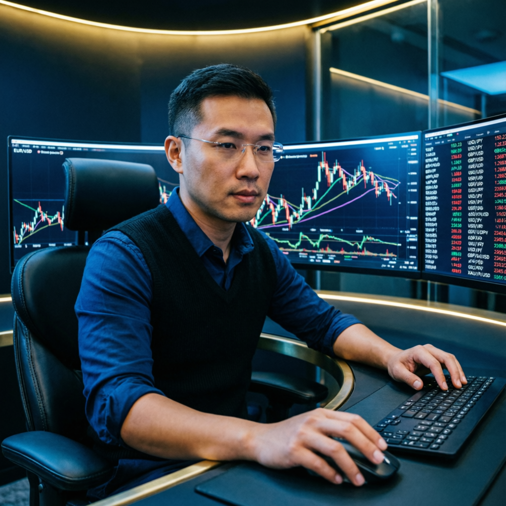 Professional forex trader managing prop firm account with multiple trading monitors