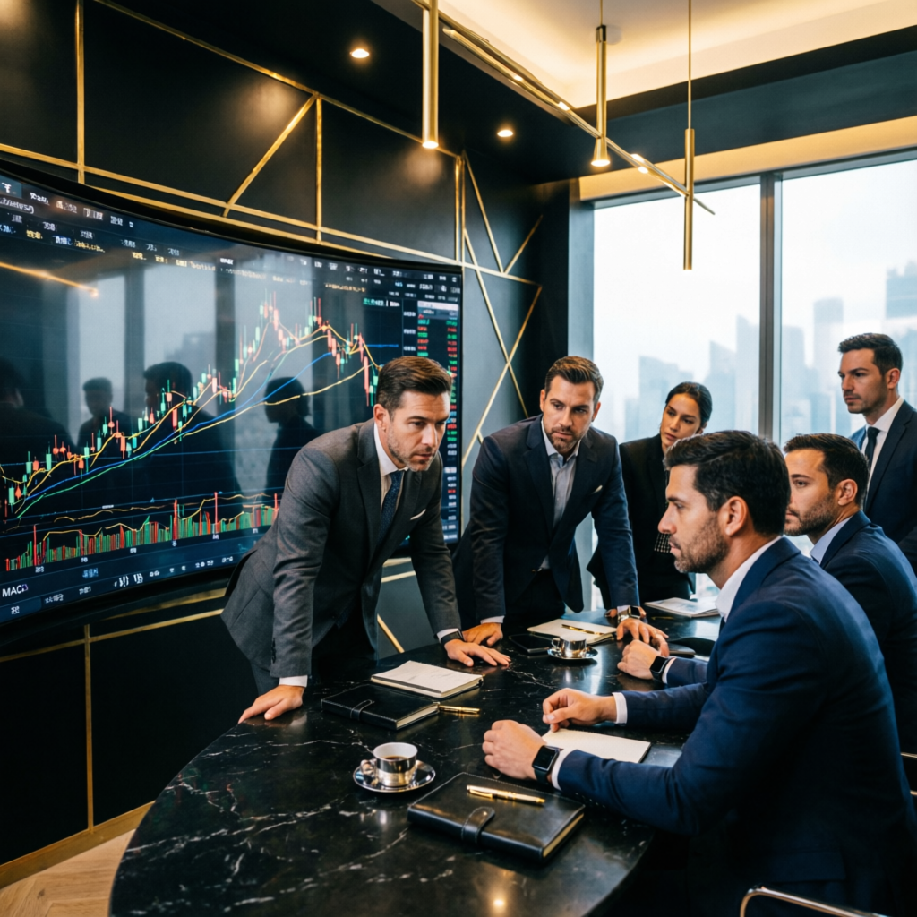Professional trading strategy meeting with team analyzing financial charts
