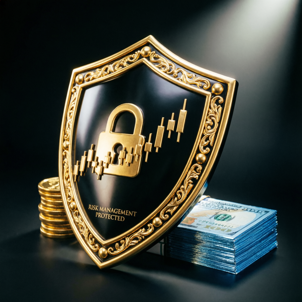 Premium gold shield representing risk management and capital protection in trading