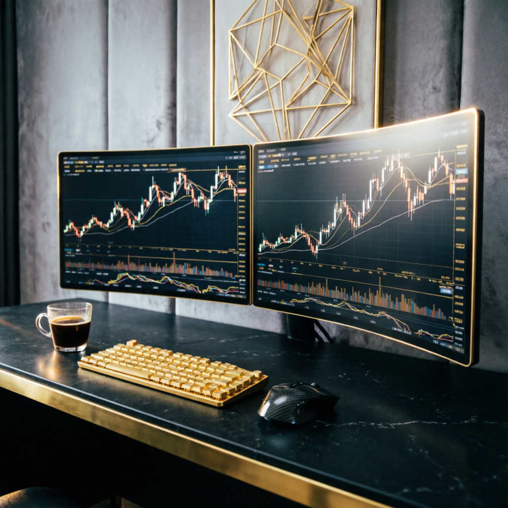 Premium trading desk setup with multiple monitors showing futures charts