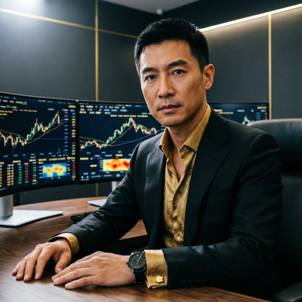 Professional forex trader in luxury trading room with multiple monitors