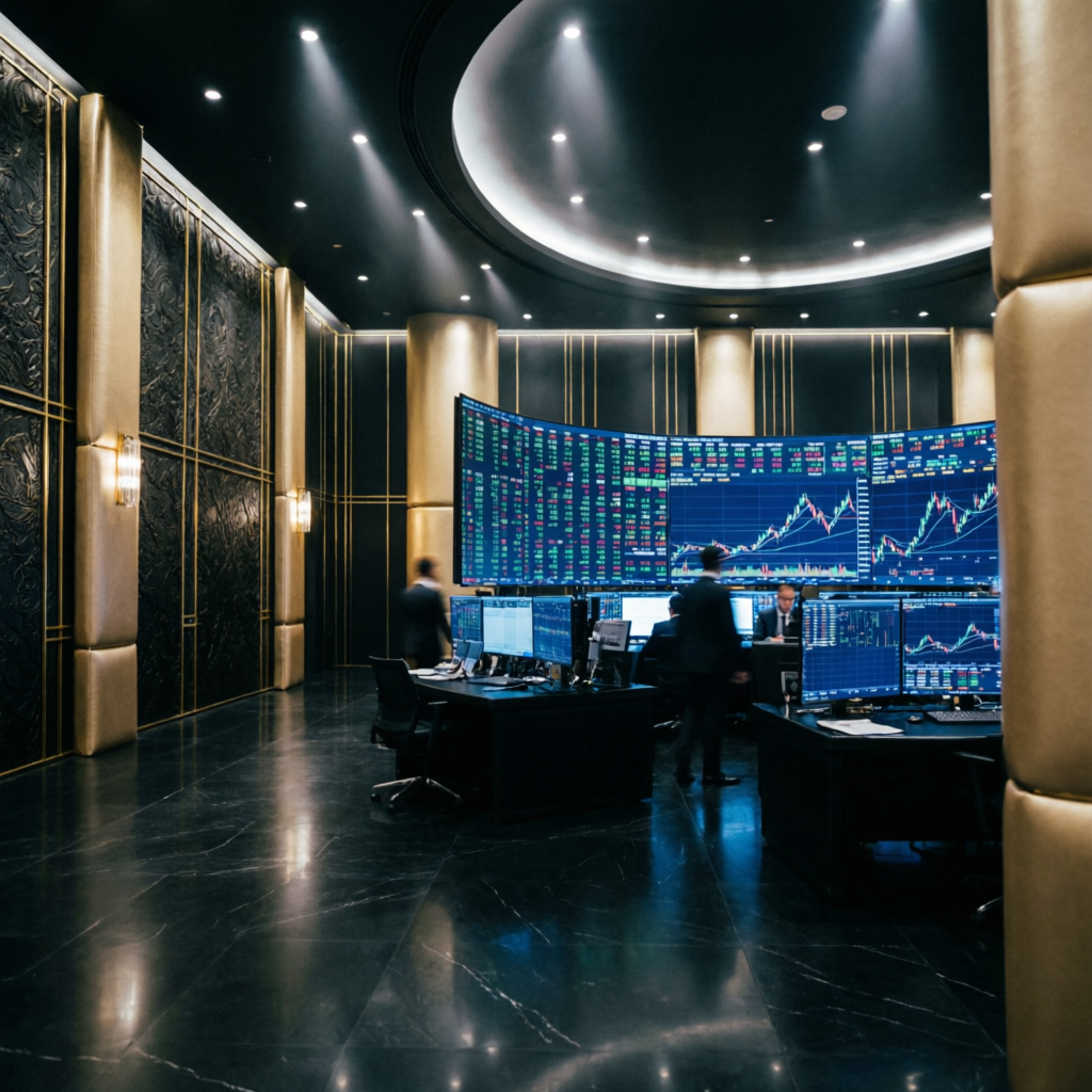 Elite prop firm trading floor with multiple screens showing financial data