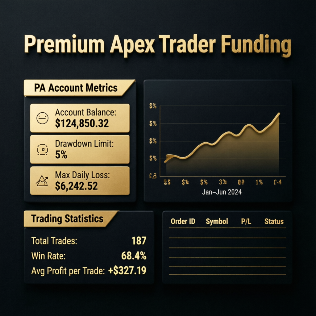 Premium Apex Trader Funding PA Account dashboard showing metrics and trading statistics