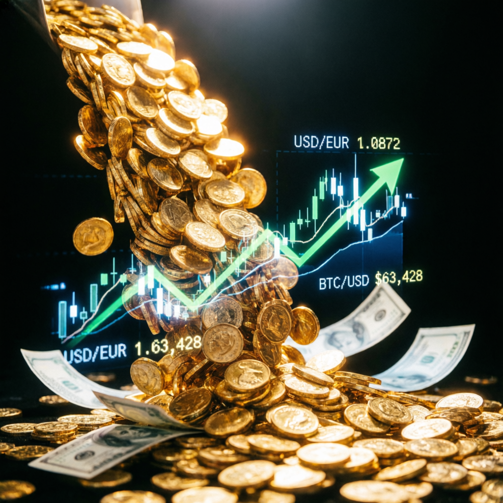 Premium payout success concept with gold coins and trading charts