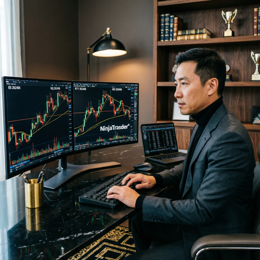 Professional trader using NinjaTrader platform with futures charts