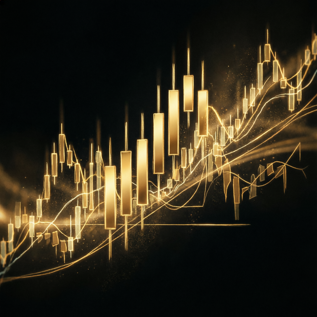 Abstract golden financial data visualization with candlestick patterns