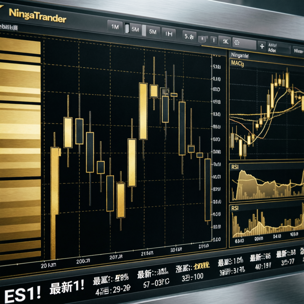 Professional futures trading chart with candlesticks and technical indicators