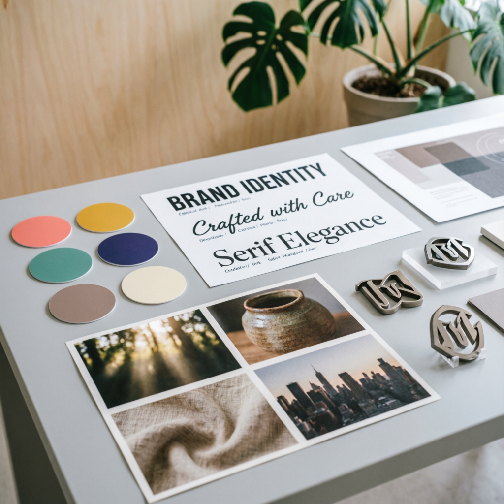 Brand identity workspace with color swatches and typography