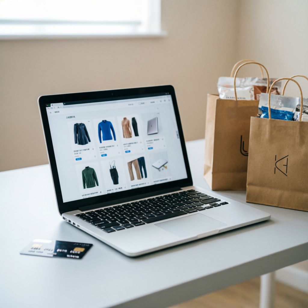 E-commerce online store displayed on laptop with shopping bags