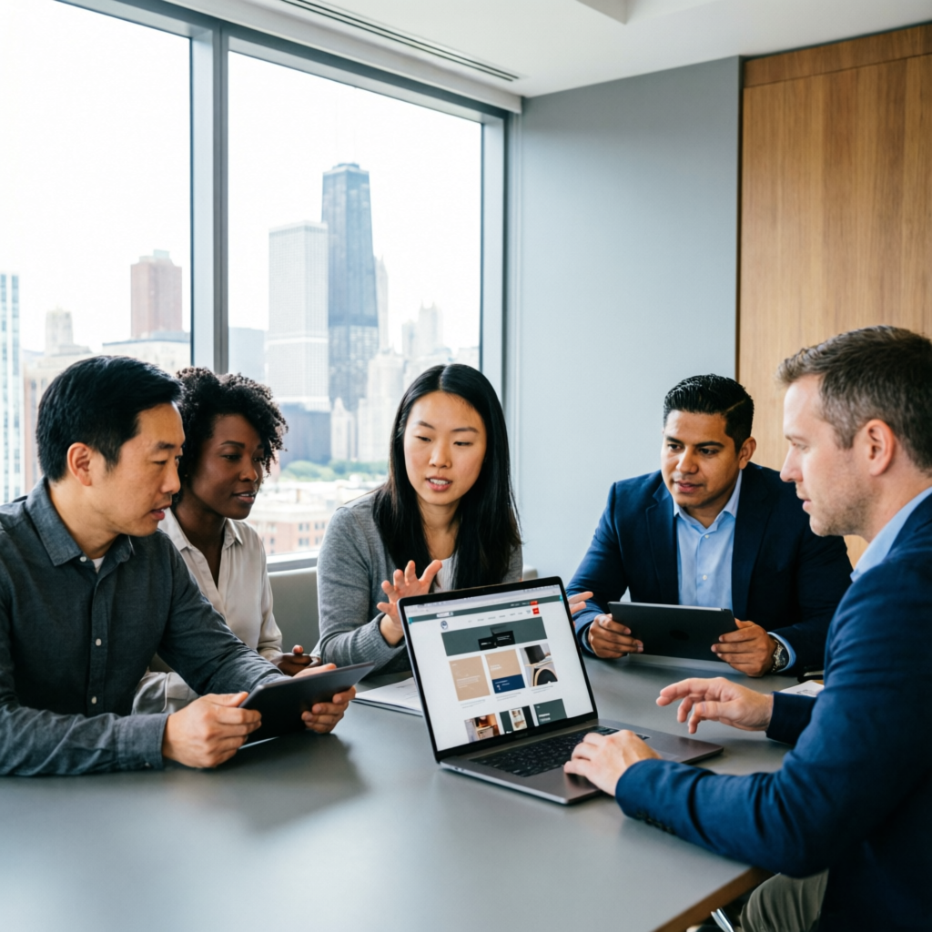 Business team discussing website goals in a Chicago office