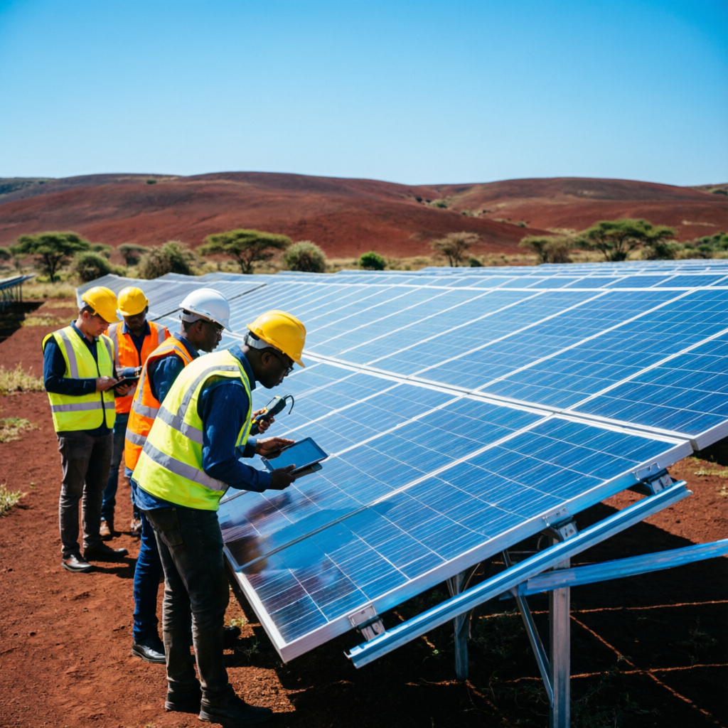 Solar engineers inspecting panels