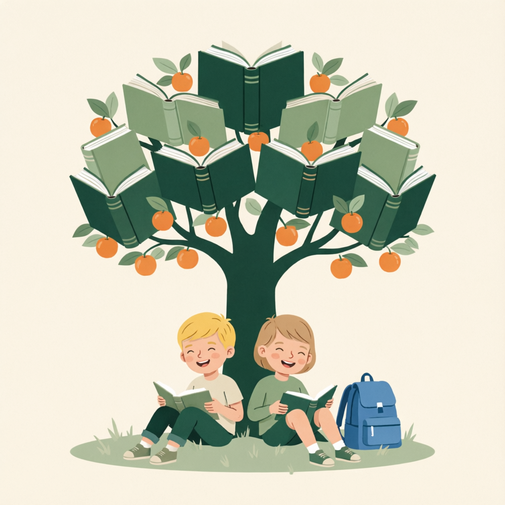Дети читают книги под деревом знаний