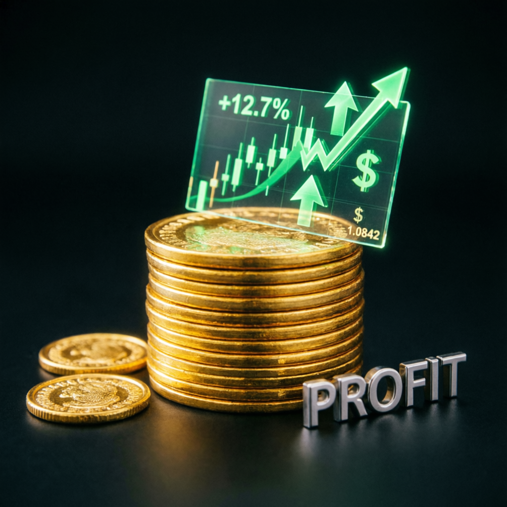 Profit success with gold coins and trading chart showing gains