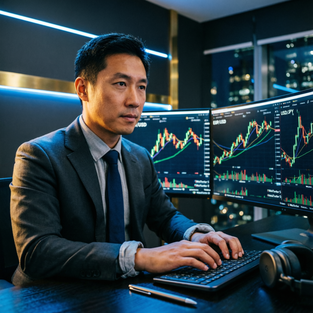 Professional forex trader analyzing candlestick charts in modern trading room