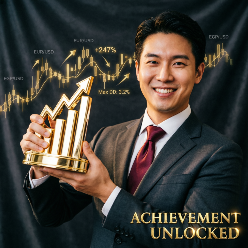 Funded trader success achievement with profit charts and trading trophy