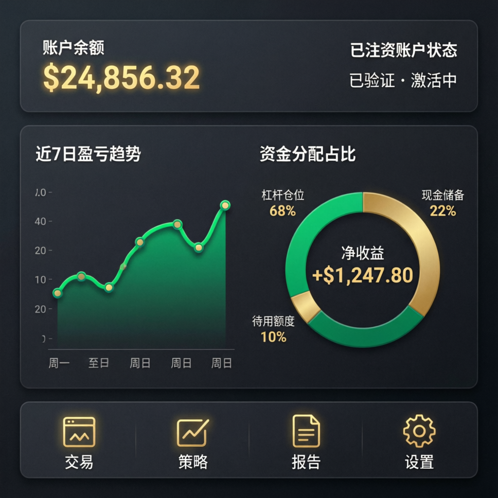 Funded account trading dashboard showing profit charts and account balance