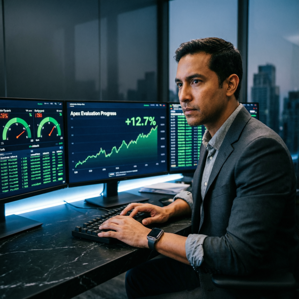 Professional trader monitoring Apex evaluation progress on multiple screens