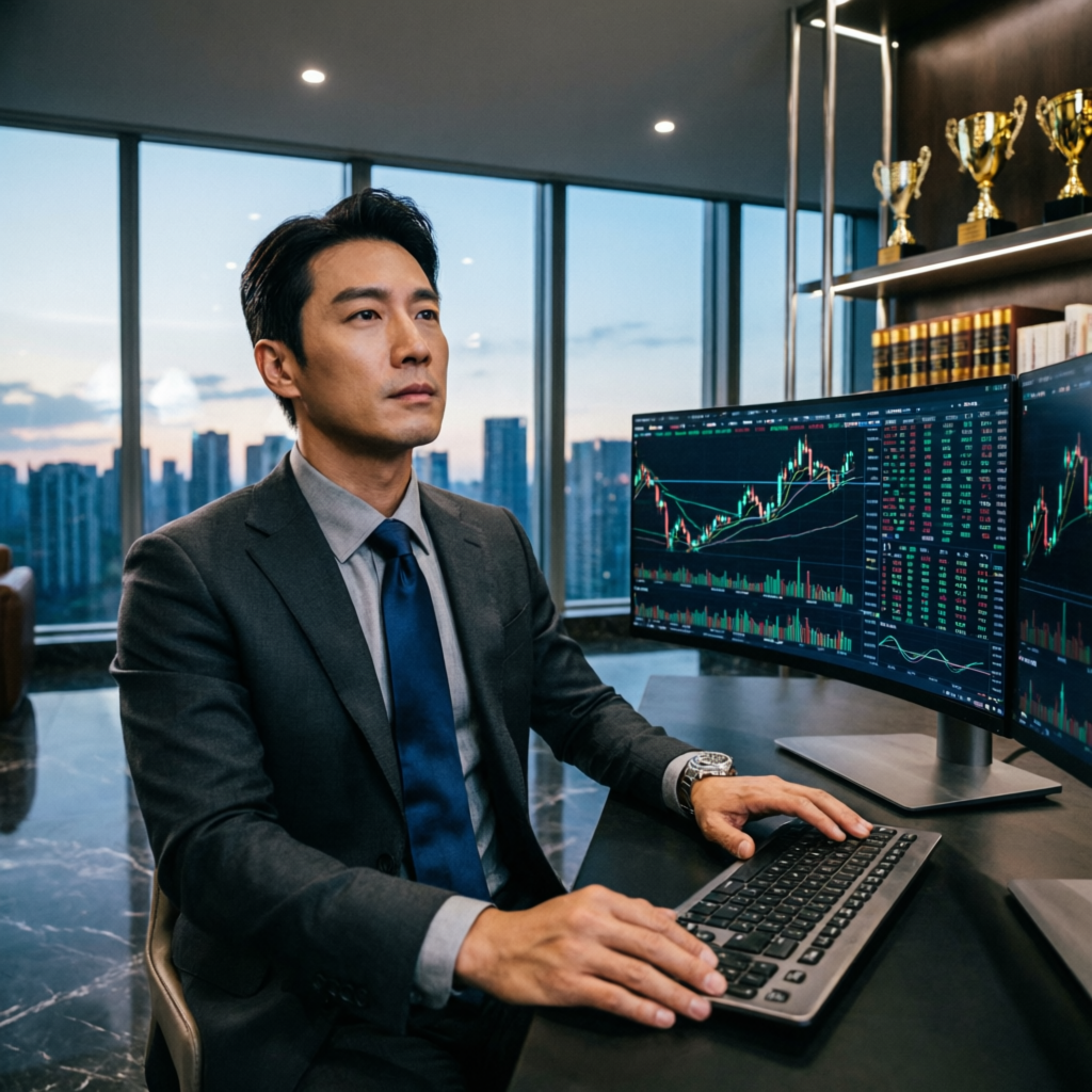 Professional elite trader in modern office with multiple trading monitors
