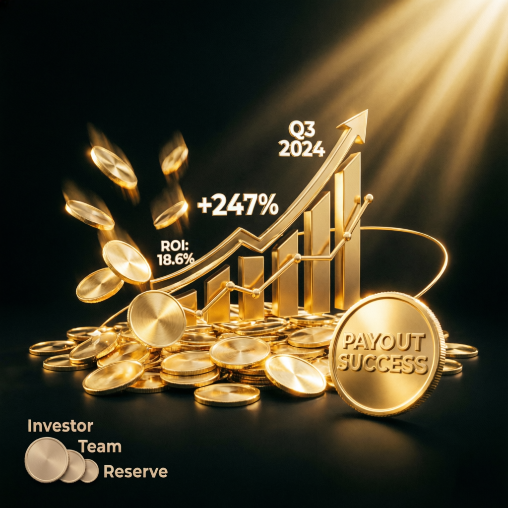 Payout success visualization with golden coins and profit growth charts