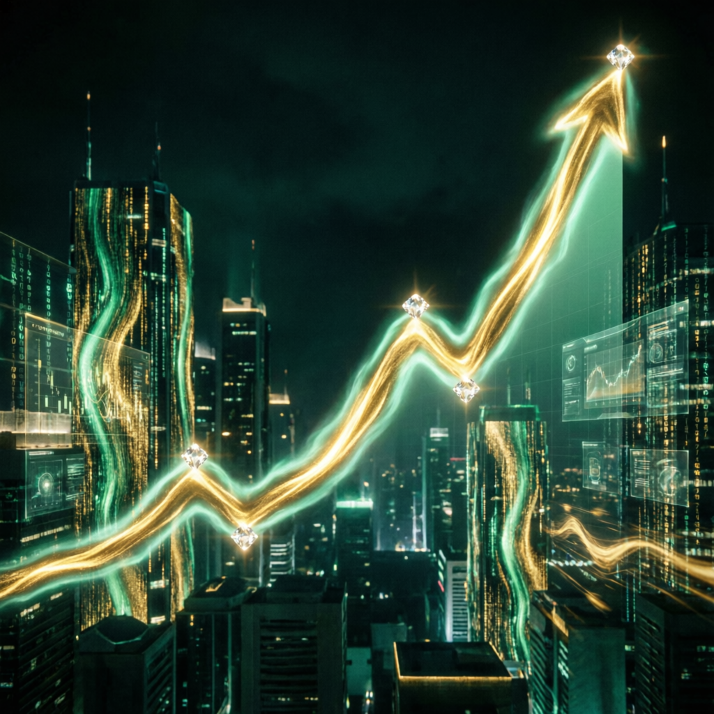 Exponential financial growth visualization with rising charts and futuristic cityscape
