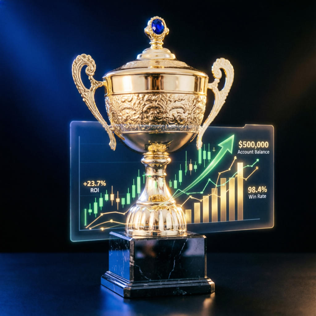 Funded trading account success with golden trophy and profit charts