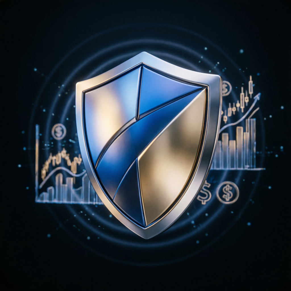 Risk management shield protecting financial portfolio with futuristic visualization