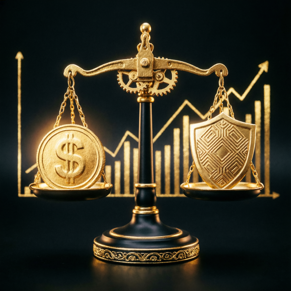 Risk management concept with balance scale and shield
