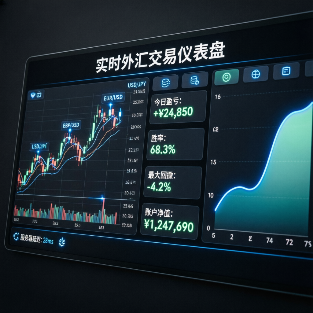 Professional trading dashboard with live forex charts and performance metrics
