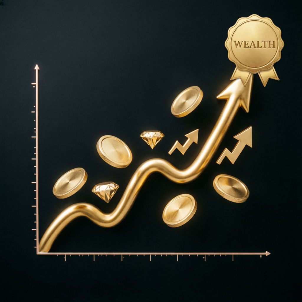 Wealth growth chart with gold coins representing financial success
