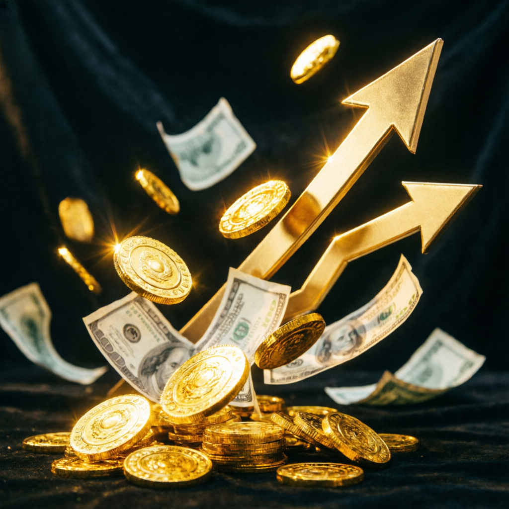 Success and profit with gold coins and upward arrows