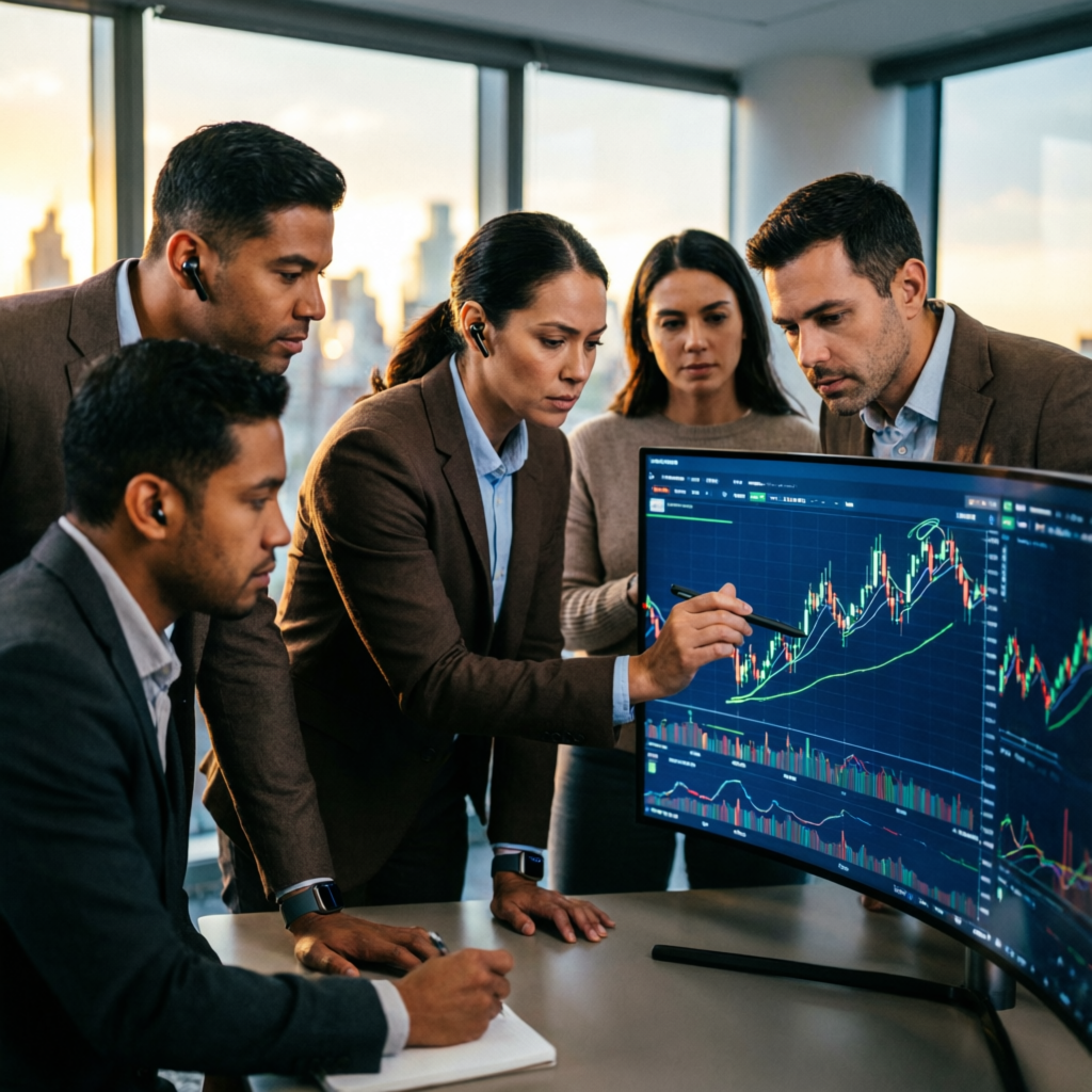 Professional team of expert traders analyzing forex charts