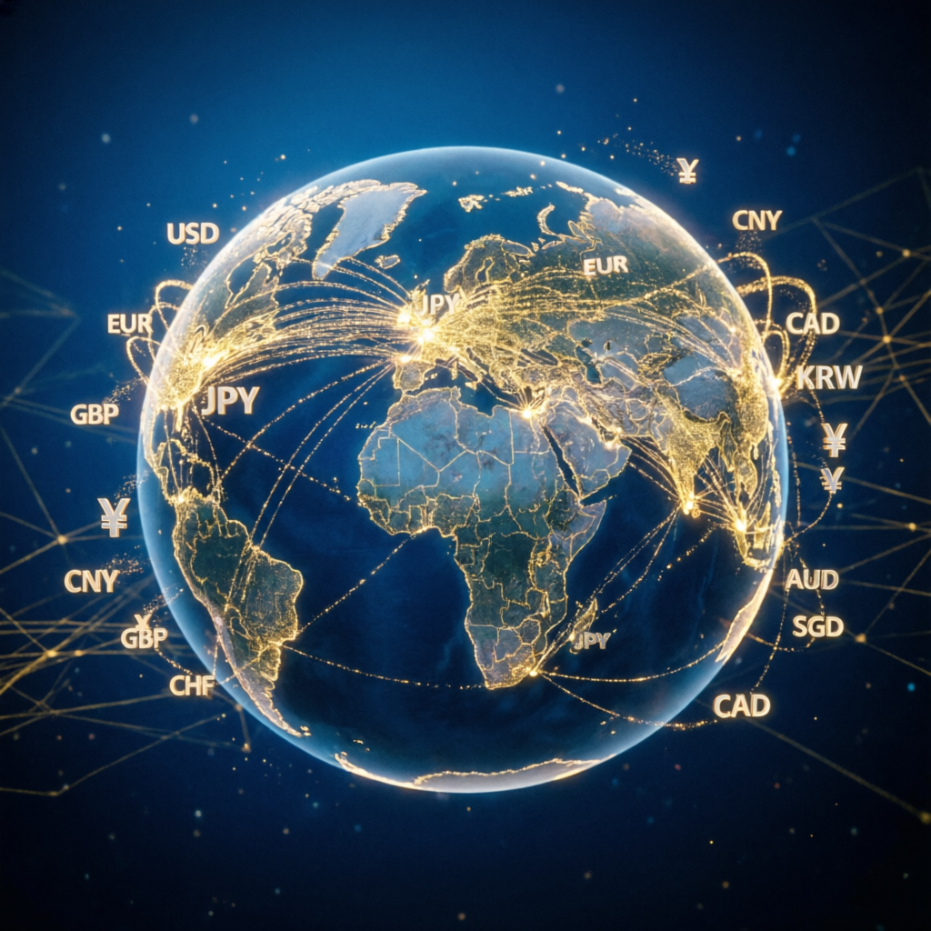 Global forex market with world map and currency connections