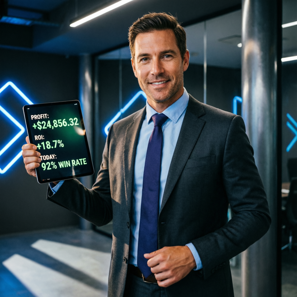 Professional trader celebrating successful Apex payout with profit tablet