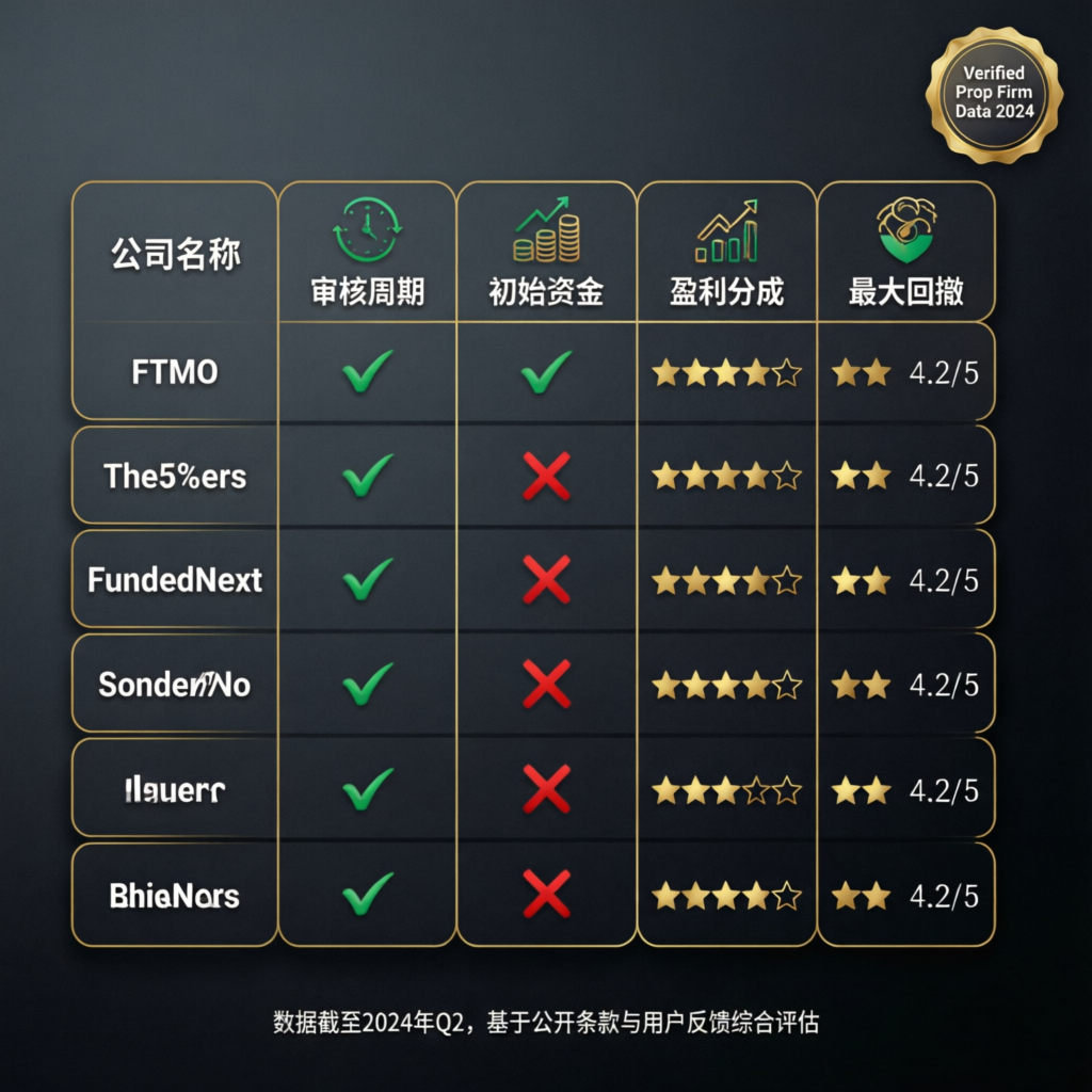 Prop firm comparison table showing different evaluation periods and profit splits