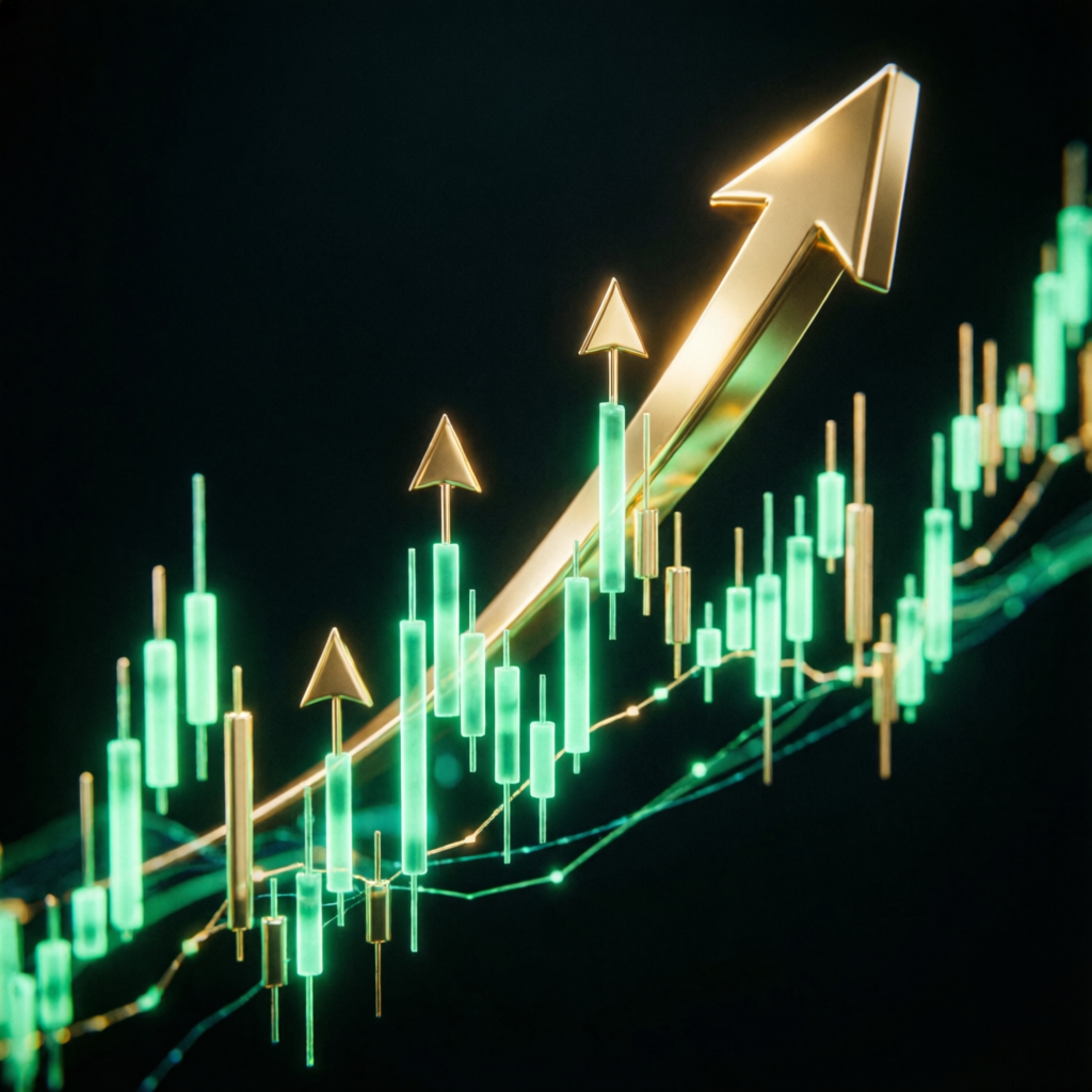 3D visualization of rising financial charts with green candles and golden profit arrows