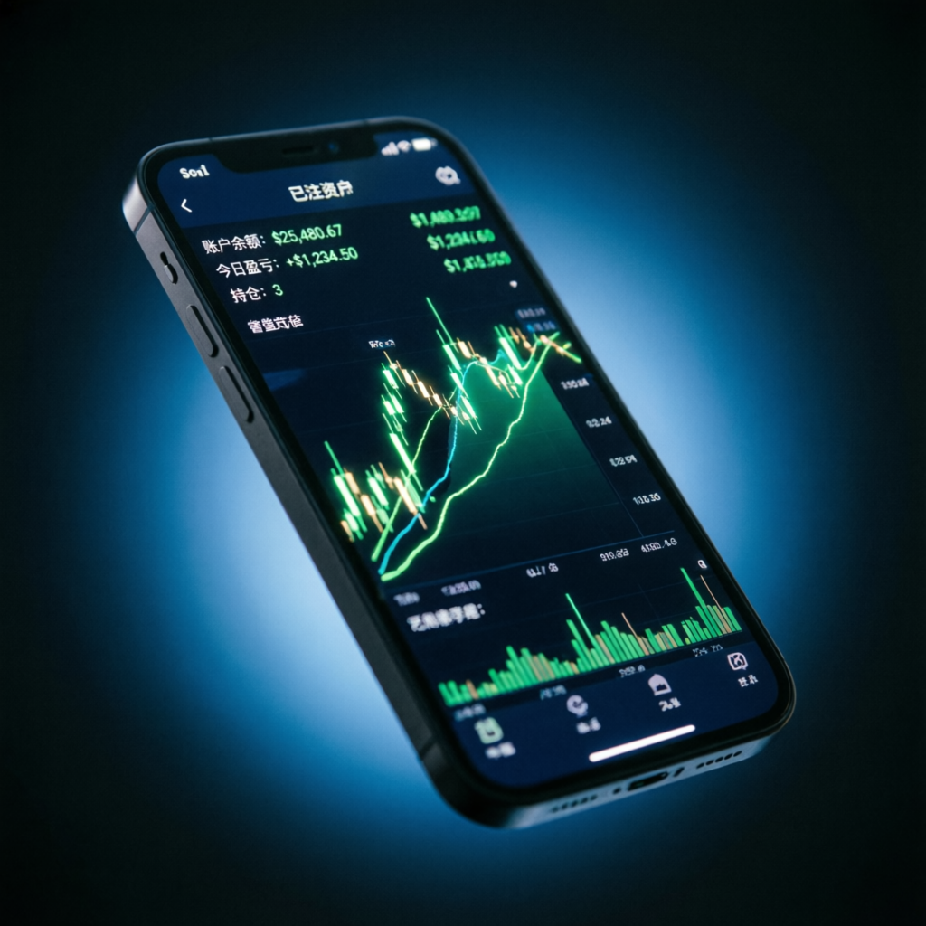Mobile phone showing funded account trading app with profit charts