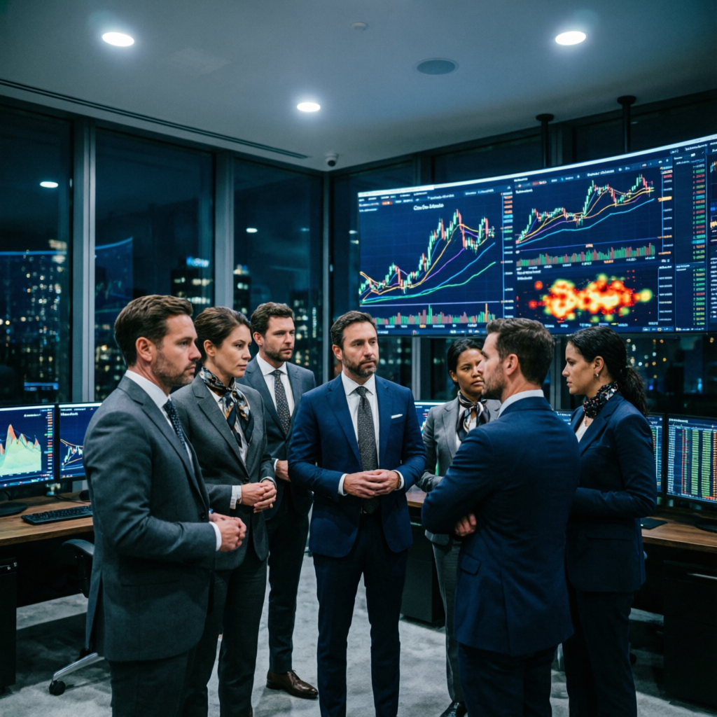Team of expert prop trading analysts reviewing Apex charts in modern trading office