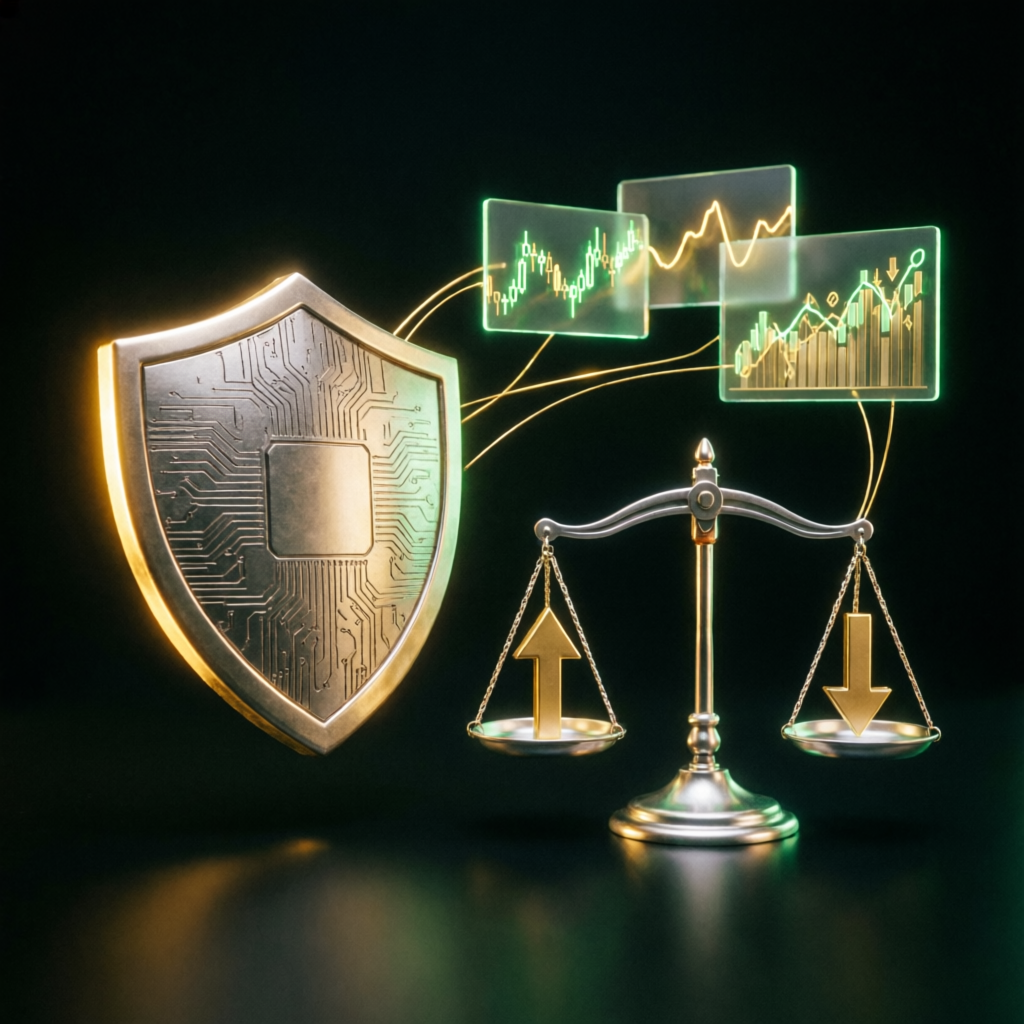 Risk management concept with shield, balance scale and trading charts