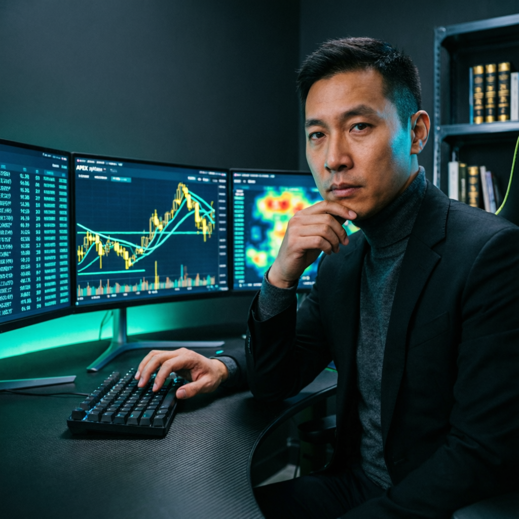 Professional forex trader analyzing Apex futures charts on multi-monitor setup
